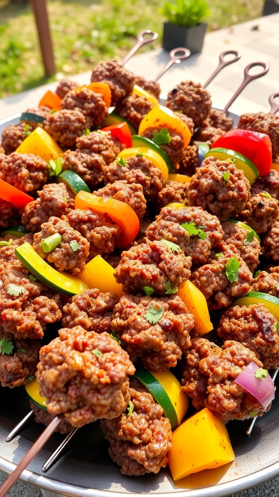 Grilled ground beef and vegetable skewers with bell peppers and zucchini on a platter.